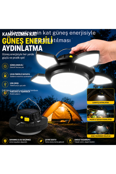 farissu Güneş Enerjili Katlanabilir LED Kamp Lambası- 4000 mAh Powerbank Özel...
