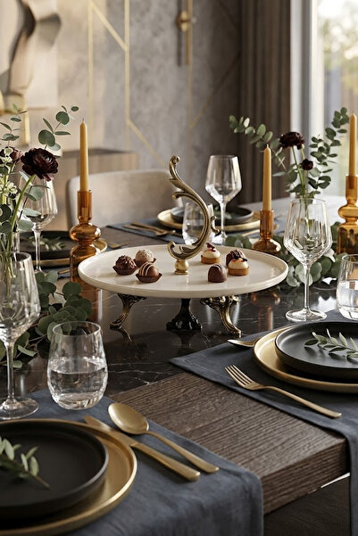 MAY HOME Porselen Eskitme Ayaklı Tutmaçlı Sunumluk Tabak 27 Cm