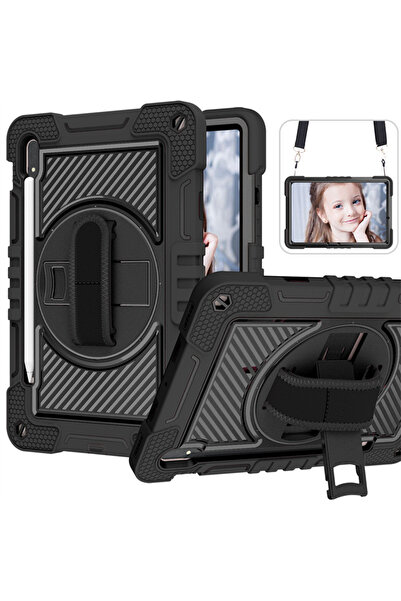 Fogy Galaxy Tab S7 Fe SM-T733 Uyumlu Standlı El Geçmeli İpli Karbon Desen Tan...