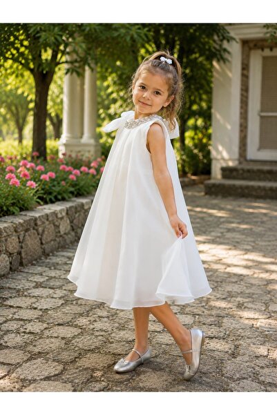 Tarz Çocuk Girl's Chiffon Evening Dress with Stone Collar and Shoulder Bow, M...