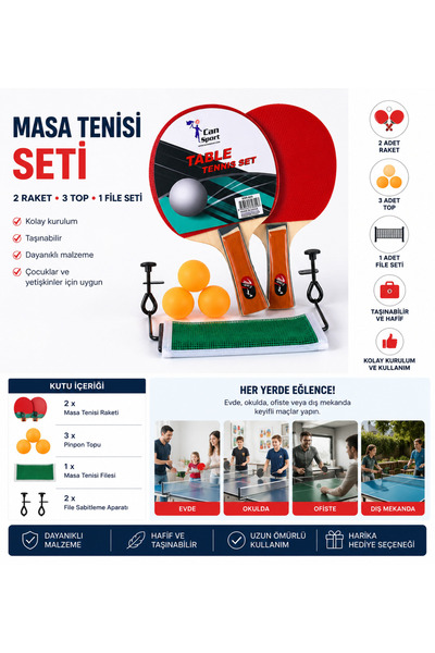 DoruCO Masa Tenisi Seti 2 Raket 3 Top ve File Dahil Taşınabilir Pinpon Seti