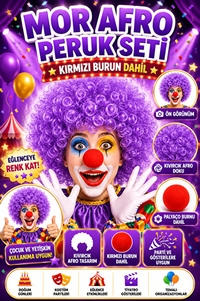 Tamsena Store Mor Afro Bonus Peruk ve Kırmızı Palyaço Burnu Seti Parti Kostüm...