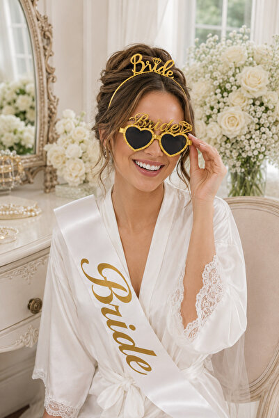 Happyland Bride to Be Gold Color Mica Crown Glasses White Sash Accessory Set,...