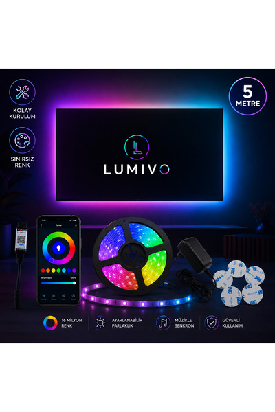 Lumivo RGB LED Şerit 5 Metre | 16 Milyon Renk, Kumandalı, Ayarlanabilir Parlaklık
