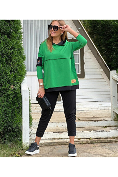 stelol Women's Green Hooded Double Suit with Hem Detail and Reverse Stitching