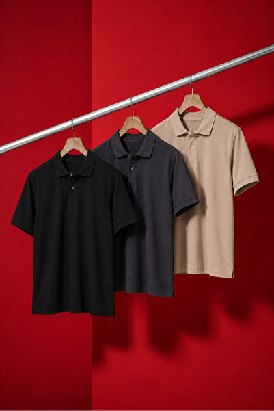 COMBİNE MİCHAİL Men's Basic Loose 3-Piece Polo Collar T-Shirt