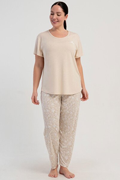 KEZOKİNO Women's Large Size Short-Sleeved Beige Pajamas Set Summer Home Wear ...