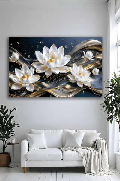 Parıltı Yayınları Modern 3D Altın Lotus Çiçeği Dekoratif Cam Tablo Lüks Siyah...