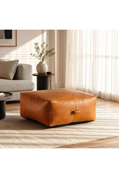 PAN HOME Acantha Leather Square Pouf 65x65x30cm - Tan