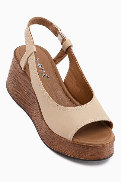Limoya Marry Genuine Leather Beige Elastic Wedge Heeled Women's Shoes