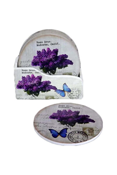 Goliat Set complet de 6 suporturi din lemn pentru cești, cu model floral