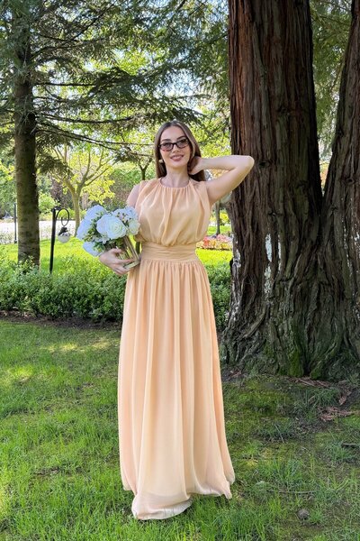Serica Moda Somon Kuşaklı Pliseli Bisiklet Yaka Maxi Şifon Elbise