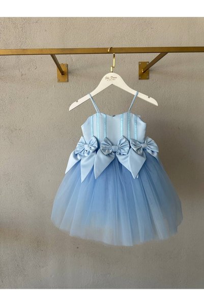 She Dress By Kubra Aksoy Shedress Baby Blue Girls' Dress - Princess Gown with Large Bow in a Row and Fluffy Tutu Skirt