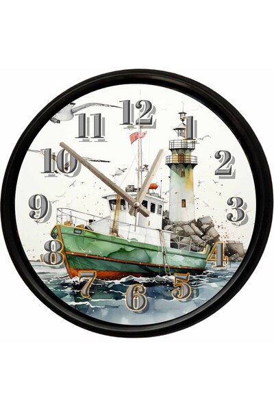 Caseras Lighthouse and Fishing Boat Themed Decorative Wall Clock 28 cm Silent...