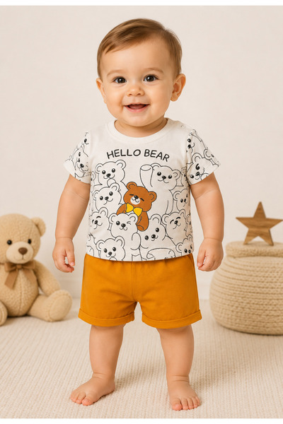 LİLİYUM Erkek Bebek Hello Bear Baskılı Şortlu Takım %100 Pamuk Şortlu