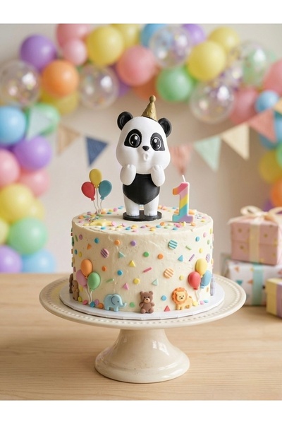 hediyesepetinde Parti Şapkalı Sevimli Panda Pasta Süsü – 10 cm Panda Figürlü ...