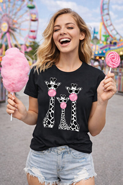 Oceanwear Giraffe Printed Women's Plain Short Sleeve Black Tshirt