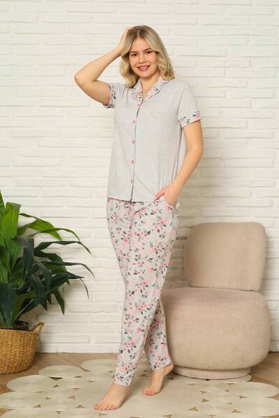 ALİMER Women's Pajama Set - Gray Rose Patterned Front Buttoned Short Sleeve L...