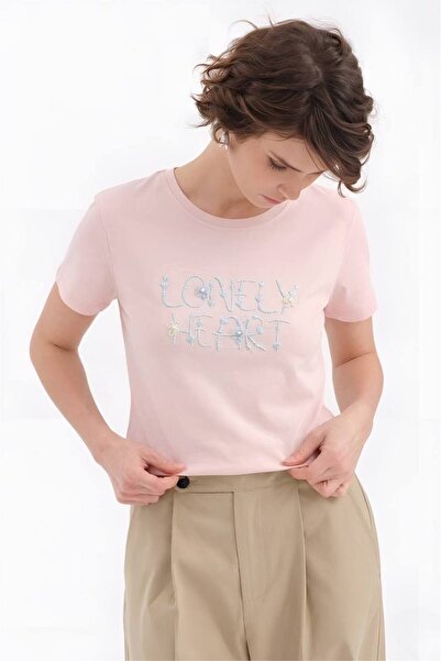 tw3 Women's 100% cotton t-shirt with front print and floral embroidery detail