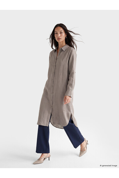 LC Waikiki Gray Oversize 100% Linen Women's Shirt Tunic