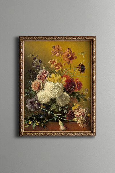 epiqart Beyaz Ortancalar ve Kır Çiçekleri - Vintage Desenli Çerçeve - İnce Model