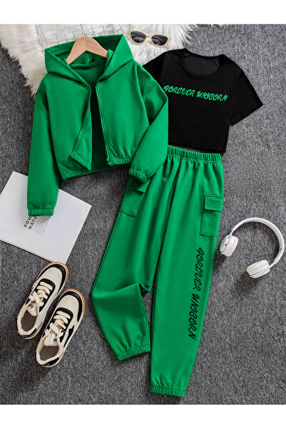 Take Two By Styli Girls Slogan Print T-Shirt, Joggers and Jacket Set