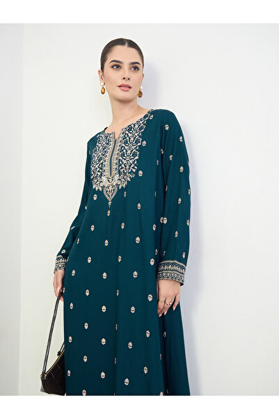 Amirah By Styli Navy Blue Border Print Long Sleeve Jalabiya