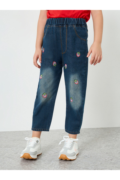 Styli Girls Blue Strawberry Embroidered Jeans