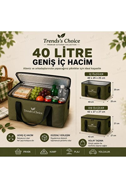 trends's choice 40 Litre Termal Buzluk Çanta Katlanabilir Piknik Kamp Plaj ve Yolculuk İçin Soğuk Sıcak Koruyucu Seyehat Çantası