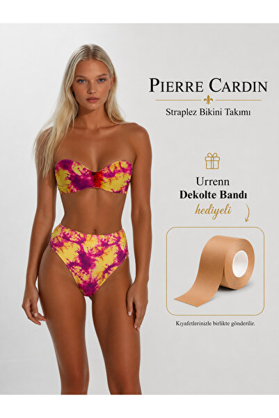 Pierre Cardin طقم بيكيني بدون حمالات - خصر مرتفع، مبطن لرفع الصدر - مع شريط ه...