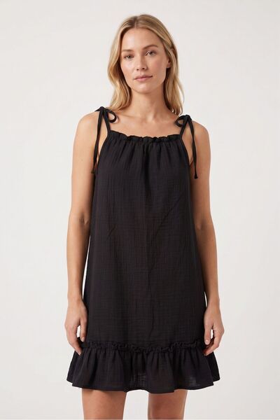 OBJE Women's Black Strappy Dress with Ruffle Detail