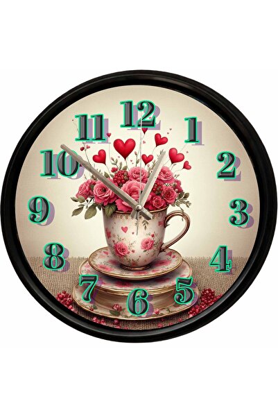 Caseras Vintage Cup Decorative Wall Clock with Heart and Rose Bouquet Design ...