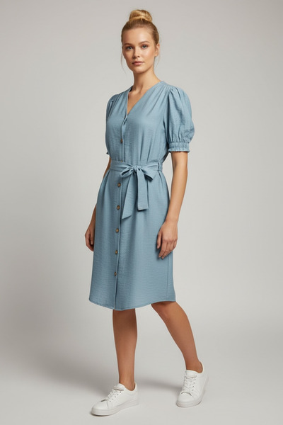 Pitti Rochie de damă, albastru turcoaz deschis, cu aspect de in, cu curea, cu...