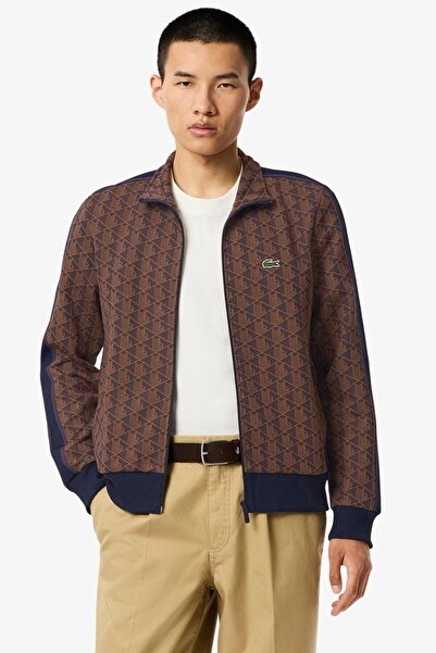 Lacoste سترة رياضية للرجال بتصميم مونوغرام وسحاب كامل، لون بني