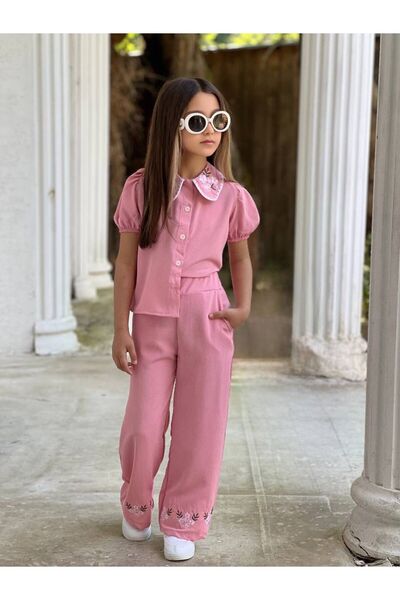 Lucky kidswear Laneni set za devojčice sa košuljom i pantalonama sa cvetnim v...
