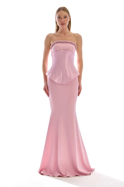 Elbisemhazır Taş İşlemeli Straplez Korse Detaylı Peplum Balık Abiye Elbise