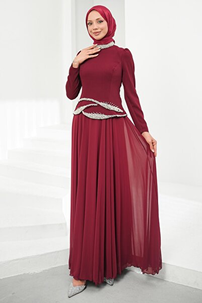 İmajButik Burgundy Pearl Embroidered Evening Dress