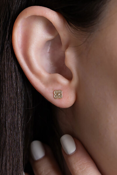Bayar Gold 14 Ayar Altın Minimal Yonca Küpe 0,6 mm