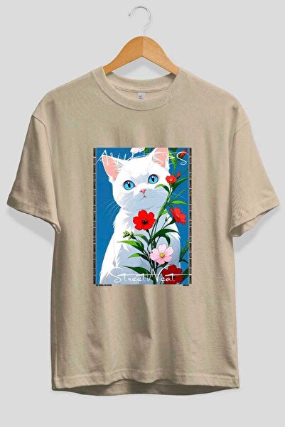 Ankhises For the Love of Cats 115 Front Cat Printed Beige Oversize T-Shirt 10...