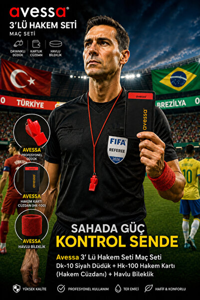 AVESSA 3' Lü Hakem Seti - Maç Seti - Dk-10 Kırmızı Düdük + Hk-100 Hakem Kartı...