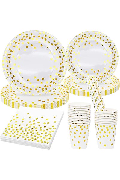 OEM Set veselă de masă, set complet 80 de piese, pentru petreceri, alb-auriu