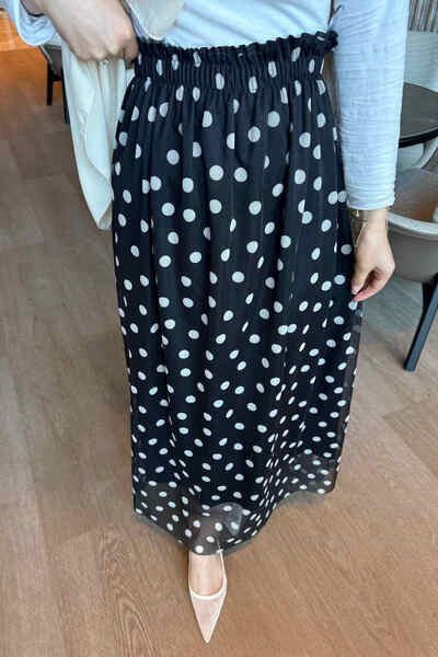 İmajButik Black Polka Dot Chiffon Skirt with Elastic Waist
