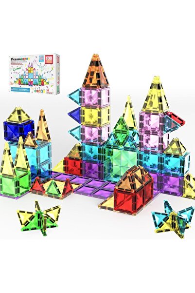 PicassoTiles 100 قطعة من مكعبات البناء المغناطيسية الصغيرة من سلسلة الماس، لع...