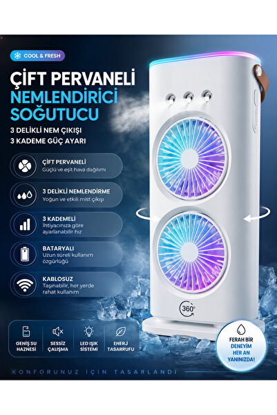 GENELOEM Çift Pervaneli Nemlendirici Soğutucu Fan USB Şarjlı 3 Kademeli Taşın...