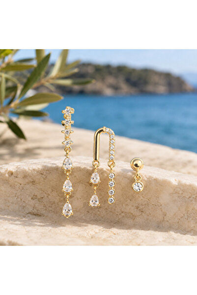 Shinestar atelier Sallantılı Taşlı Gold Çelik Kadın Küpe Seti | Mare Serisi