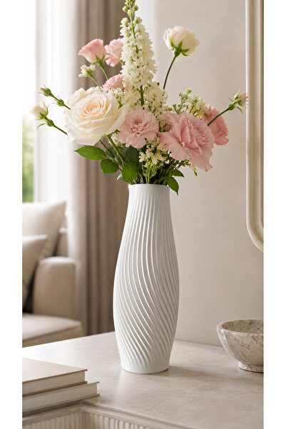 Lotus Creative Dekoratif Beyaz Vazo 18 cm | Dalgalı Dokulu Modern Minimal Sal...
