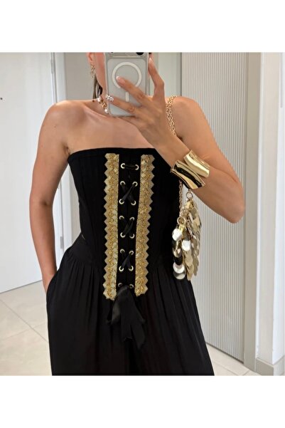 Butik Anastasya Siyah Gold Taşlı Korse Büstiyer