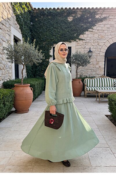 Aselim Hijap Moda Mira Ruffle Detailed 4-Layer Muslin Skirt Set – Mint Green