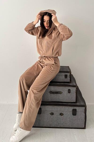 Caddebostan Moda Women's Hooded Zippered Thin Velvet Tracksuit Set