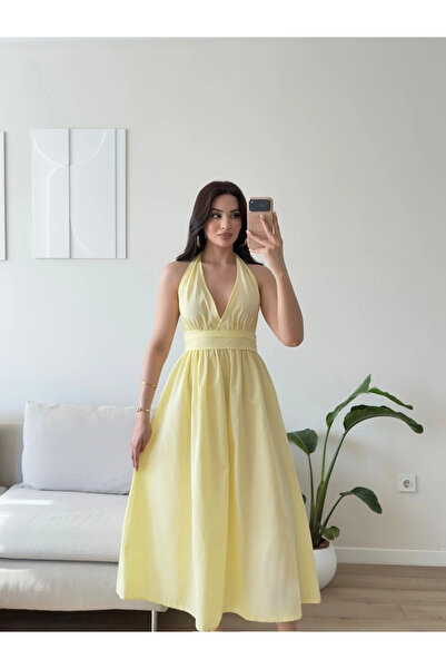 Zoom Butik Boyun Bağlamalı Poplin Elbise - SARI